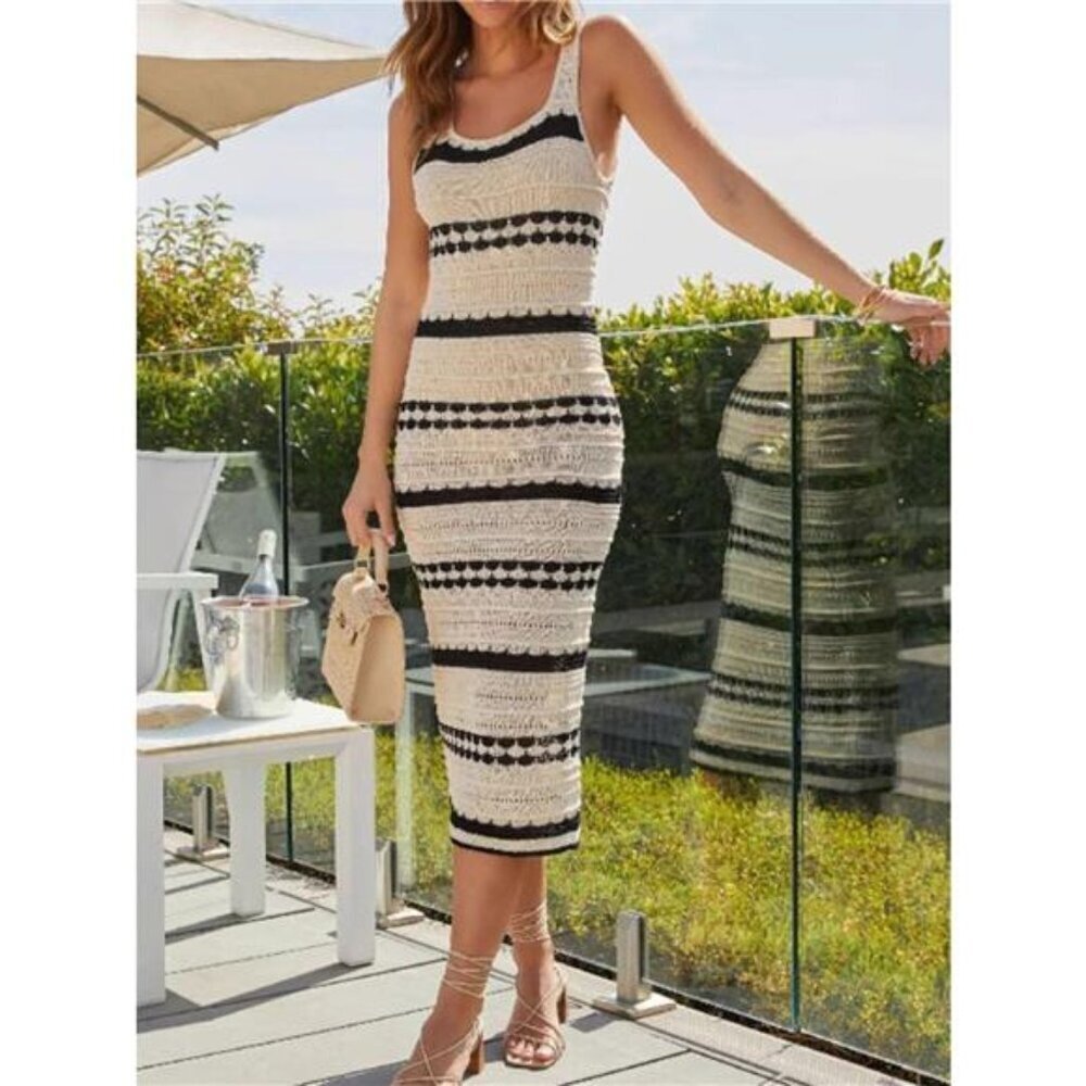 Openwork Striped Wide Strap Knit Dress